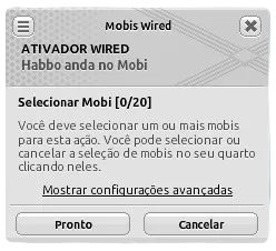 Janela de configuração do Ativador Wired ‘Habbo anda no Mobi’, com a opção para selecionar até 20 mobis que irão acionar o Wired quando um Habbo andar sobre eles.