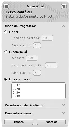 Janela de configuração da Extra Variável ‘Sistema de Aumento de Nível’, com o modo de progressão ‘Entrada manual’ selecionado e quatro níveis configurados com os valores ‘1=10’, ‘2=20’, ‘3=30’ e ‘4=40’.
