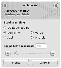 Janela de configuração do ativador Wired Pontuação obtida com o time ‘Vermelho’ selecionado e o campo de pontuação marcado com o valor ‘100’.