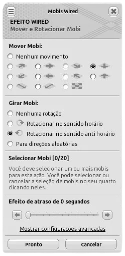 Janela de configuração do efeito Wired Mover e Rotacionar Mobi com uma direção de movimento para frente selecionada, rotação ‘Rotacionar no sentido anti horário’ marcada e atraso de 0 segundos.