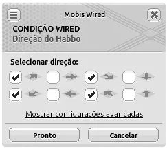Janela de configuração da condição Wired Direção do Habbo com várias direções marcadas na grade de seleção e o link ‘Mostrar configurações avançadas’ visível.