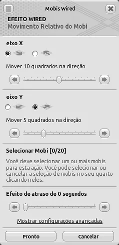 Janela de configuração do efeito Wired Movimento Relativo do Mobi com eixo X movendo 10 quadrados para a esquerda, eixo Y movendo 5 quadrados para a direita, seleção de mobi vazia e atraso de 0 segundos.