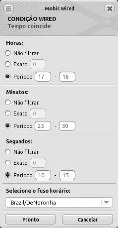 Janela de configuração da condição Wired Tempo coincide com horas no período de ‘17’ a ‘16’, minutos no período de ‘25’ a ‘30’, segundos no período de ‘10’ a ‘15’ e fuso horário ‘Brazil/DeNoronha’.
