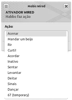 Janela de configuração do ativador Wired Habbo faz ação com a lista suspensa de ações aberta e a opção ‘Acenar’ selecionada.