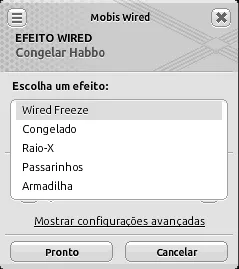 Janela de configuração do efeito Wired Congelar Habbo com a lista suspensa de efeitos aberta e a opção ‘Wired Freeze’ selecionada.