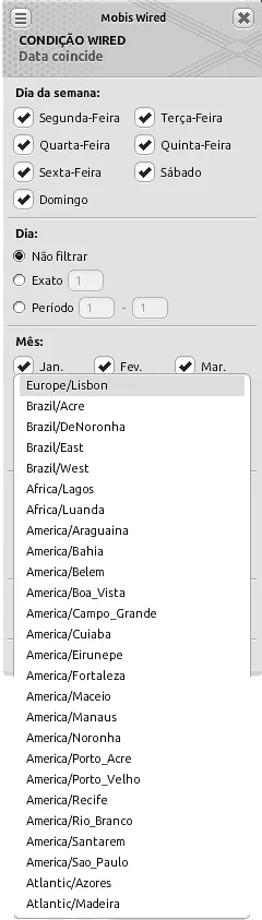 Janela de configuração da condição Wired Data coincide com a lista suspensa de fuso horário aberta e várias opções visíveis, incluindo ‘Europe/Lisbon’, ‘Brazil/Acre’ e ‘America/Sao_Paulo’.