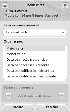 Janela de configuração do filtro Wired Mobis com Maior/Menor Variável com a variável ‘fs_wired_club’ selecionada e a lista suspensa ‘Ordenar por’ aberta com a opção ‘Maior valor’ selecionada.