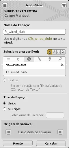 Janela de configuração do Wired Texto Extra Campo Variável com o nome de espaço ‘fs_wired_club’, variável ‘fs_wired_club’ selecionada, tipo de espaço ‘Único’ e origem da variável definida como ‘Use o item de ativação’.