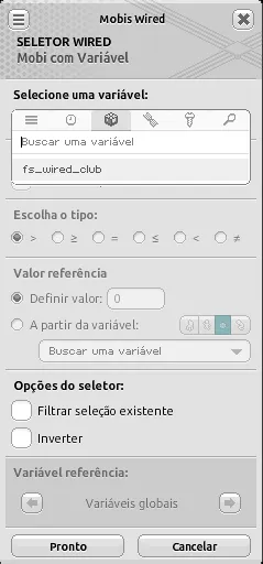 Janela de configuração do seletor Wired Mobi com Variável com a variável ‘fs_wired_club’ selecionada, comparação por igualdade, valor de referência em ‘Definir valor’ igual a ‘0’ e opções ‘Filtrar seleção existente’ e ‘Inverter’ desmarcadas.