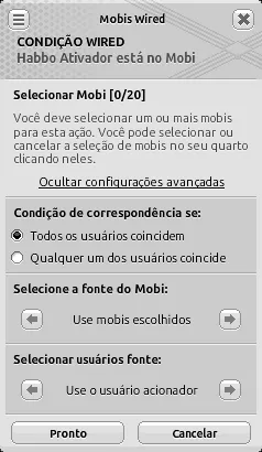 Janela de configuração da condição Wired Habbo Ativador está no Mobi com condição de correspondência definida como ‘Todos os usuários coincidem’, fonte do mobi em ‘Use mobis escolhidos’ e usuários fonte em ‘Use o usuário acionador’.