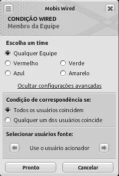 Janela de configuração da condição Wired Membro da Equipe com o time ‘Qualquer Equipe’ selecionado, condição de correspondência definida como ‘Todos os usuários coincidem’ e usuários fonte em ‘Use o usuário acionador’.