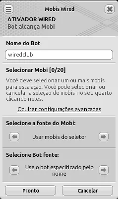 Janela de configuração do ativador Wired Bot alcança Mobi com o nome do bot ‘wiredclub’, fonte do mobi em ‘Usar mobis do seletor’ e fonte do bot em ‘Use o bot especificado pelo nome’.