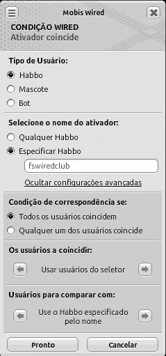 Janela de configuração da condição Wired Ativador coincide com tipo de usuário ‘Habbo’, seleção de ativador em ‘Especificar Habbo’ com o nome ‘fswiredclub’, condição de correspondência em ‘Todos os usuários coincidem’, usuários a coincidir em ‘Usar usuários do seletor’ e usuários para comparar com em ‘Use o Habbo especificado pelo nome’.