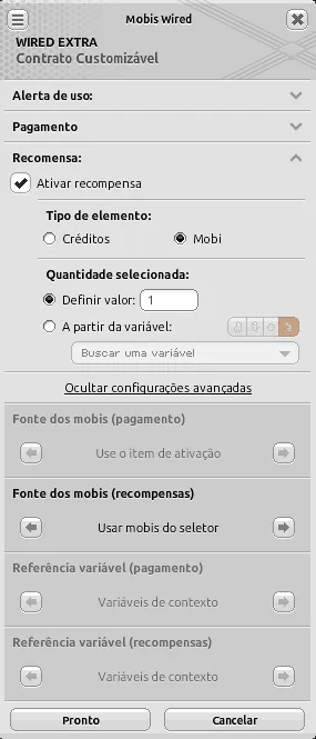 Janela de configuração do Wired Extra Contrato Customizável com recompensa ativada, tipo de elemento ‘Mobi’, quantidade definida em ‘1’, fonte dos mobis de recompensa em ‘Usar mobis do seletor’ e referências de variável em ‘Variáveis de contexto’.