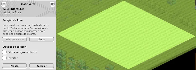 Janela de configuração do seletor Wired Mobi na Área com uma área retangular destacada no quarto, botões ‘Selecione a área’ e ‘Limpar’ visíveis e as opções ‘Filtrar seleção existente’ e ‘Inverter’ desmarcadas.