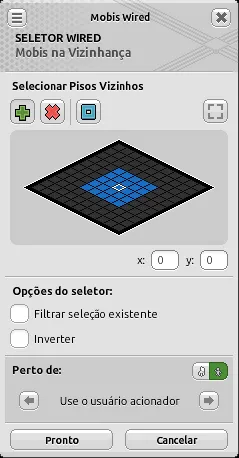 Janela de configuração do seletor Wired Mobis na Vizinhança com grade de pisos vizinhos destacada em azul, coordenadas x: ‘0’ e y: ‘0’, opções ‘Filtrar seleção existente’ e ‘Inverter’ desmarcadas e referência ‘Perto de’ definida como ‘Use o usuário acionador’.