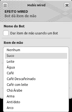 Janela de configuração do efeito Wired Bot dá item de mão com a lista suspensa de itens aberta e a opção ‘Nenhum’ selecionada.