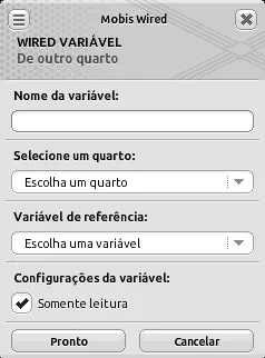 Janela do Wired De Outro Quarto com o nome vazio, os campos de seleção de quarto e variável de referência e a opção Somente leitura marcada.
