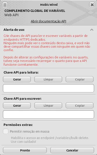 Janela do Complemento Global de Variável Web API com o link da documentação, alerta de uso, campos das chaves de leitura e escrita e permissão de remoção em massa.