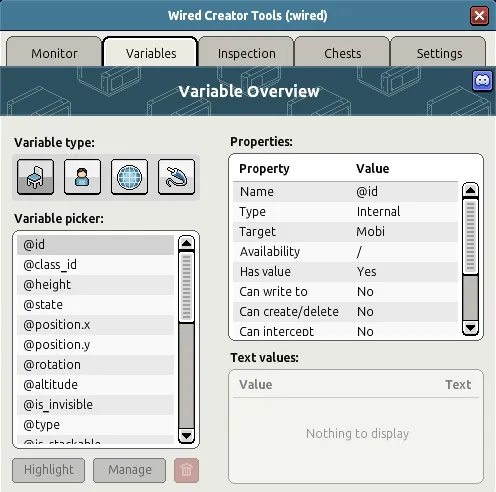 Aba Variables das Ferramentas do Criador com seleção de alvo, lista de variáveis, propriedades e valores textuais