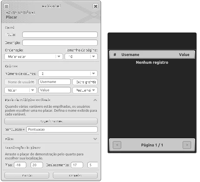 Janela de configuração do Extra Variável Placar ao lado do placar vazio, com as colunas Username e Value.