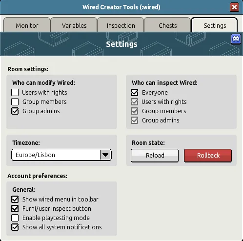 Aba Configurações das Ferramentas do Criador, com configurações do quarto e preferências da conta