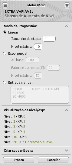 Janela do Extra Variável Sistema de Aumento de Nível no modo Linear, mostrando a Visualização de nível e experiência para níveis de 1 a 20