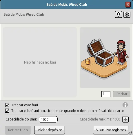 Janela de um baú de mobis com as opções Trancar esse baú e Trancar o baú automaticamente quando o dono do baú sair do quarto marcadas.