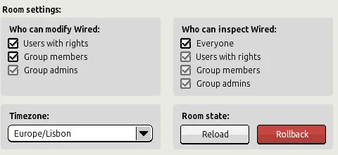 Seção Configurações do quarto com permissões para modificar e inspecionar Wireds, fuso horário e botões Recarregar e Reverter