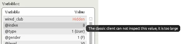 Tabela de variáveis com o valor de wired_club substituído por Hidden em vermelho e uma mensagem em inglês informando que o cliente clássico não pode inspecionar o valor porque ele é muito grande.