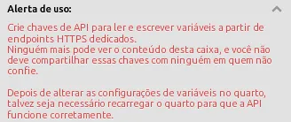 Alerta de uso em vermelho orientando a proteger as chaves e a recarregar o quarto após alterações nas configurações das variáveis.