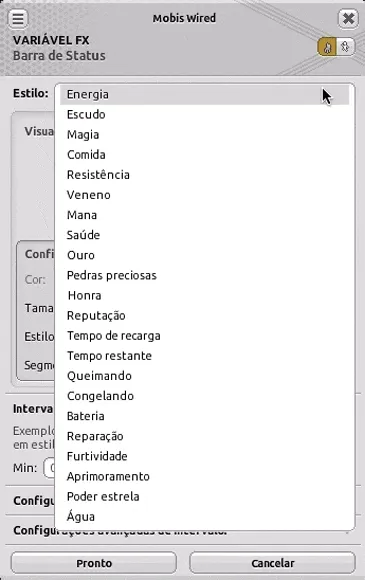 Janela de configuração da Variável FX Barra de Status mostrando a prévia dos estilos