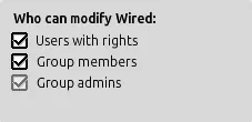 Opções de modificação dos Wireds para usuários com direitos, membros do grupo e administradores do grupo