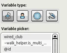 Lista com a variável criada pelo usuário wired_club, uma variável inteligente com prefixo ~walk_helper e a variável interna @id