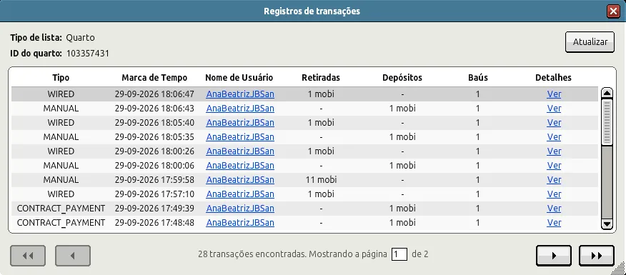 Janela Registros de transações com tipo de lista, ID do quarto, botão Atualizar, tabela de movimentações e controles de paginação.