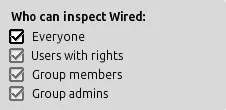 Opções de inspeção dos Wireds para todos, usuários com direitos, membros do grupo e administradores do grupo