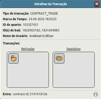Detalhes de uma transação CONTRACT_TRADE com data, IDs do quarto e dos baús, nome de usuário e ícones dos recursos retirados e depositados.