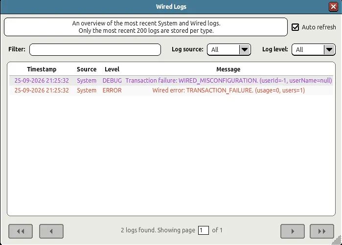 Janela Registros Completos dos Wireds com atualização automática, filtros de texto, fonte e nível, tabela de horário, fonte, nível e mensagem e controles de paginação