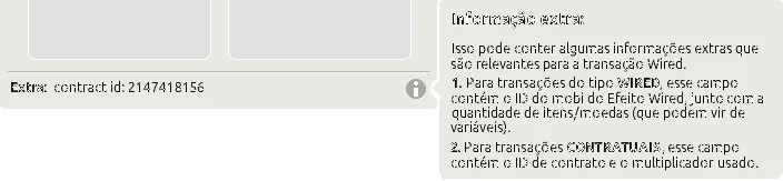 Explicação do campo Extra aberta pelo ícone de informação, descrevendo os dados das transações Wired e contratuais.