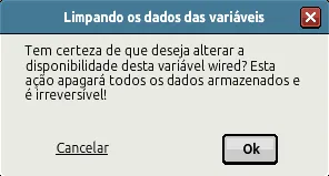 Janela Limpando os dados das variáveis avisando que alterar a disponibilidade apagará todos os dados armazenados de forma irreversível, com os botões Cancelar e Ok.