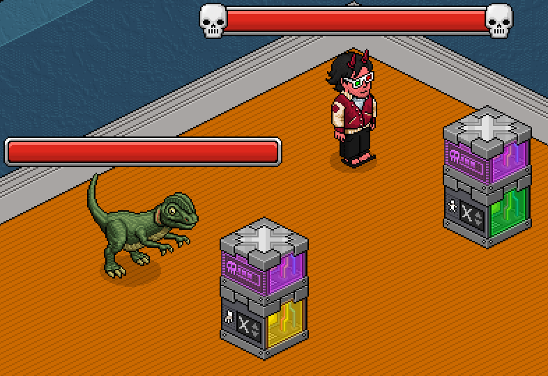 Quarto do Habbo com barras de saúde sempre visíveis acima de um mobi e de um jogador