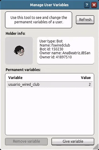 Demonstração do gerenciamento de variáveis permanentes de um bot na tabela de variáveis e valores