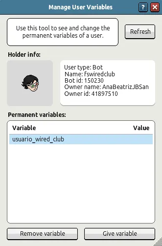 Janela de gerenciamento das variáveis permanentes de um bot, com informações do alvo e botões para remover ou dar variável