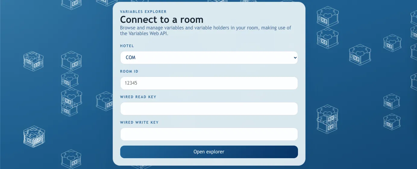 Tela de conexão do Variables Explorer com seleção de hotel, identificador do quarto, chaves de leitura e escrita e botão Open explorer.