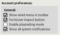 Preferências da conta com opções para mostrar o menu Wired, exibir o botão de inspeção, habilitar o modo de teste e mostrar notificações do sistema