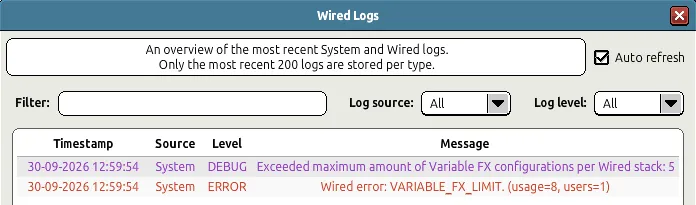 Janela Registros dos Wireds com um registro DEBUG indicando que o limite de cinco configurações de Variável FX por pilha foi excedido e um registro ERROR com o erro VARIABLE_FX_LIMIT.