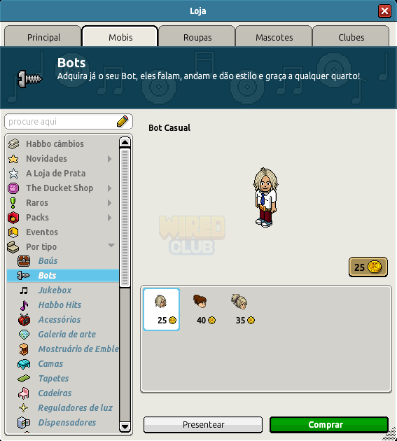 Seção Bots da loja do Habbo, com três modelos disponíveis por 25, 40 e 35 moedas