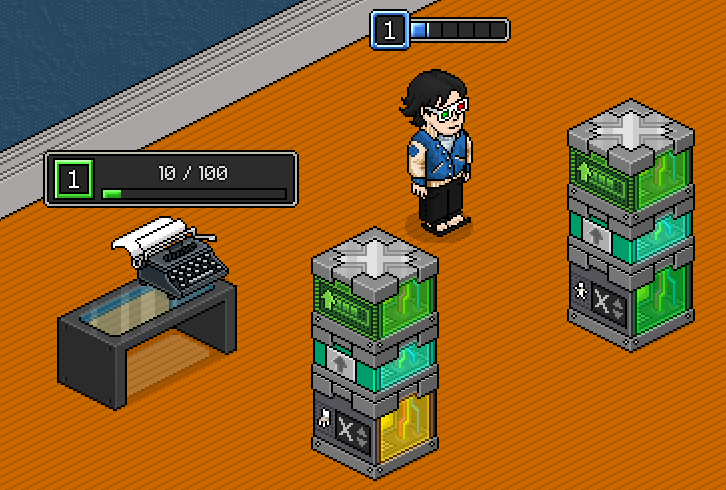 Usuário e mobi no quarto com o Progresso de Nível sempre visível acima deles