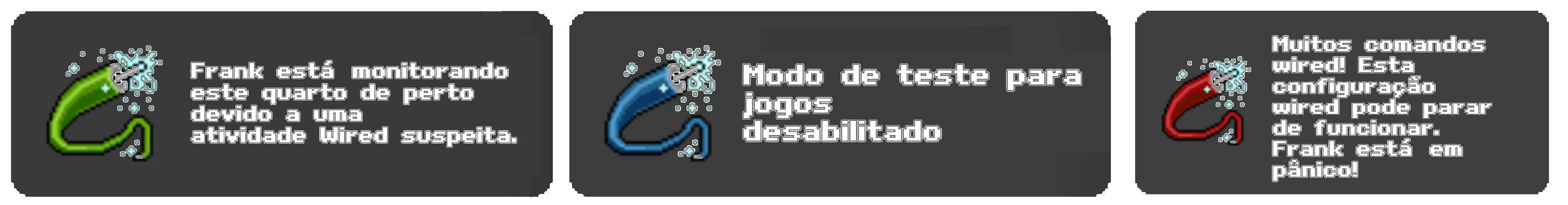Exemplos de notificações Wired com ícones vermelho, verde e azul: excesso de comandos, MARKED_AS_HEAVY e modo de teste desativado