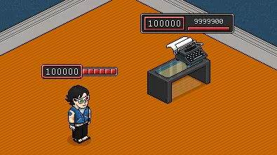 Progresso de Nível exibindo o nível 100000 acima de um usuário no estilo Nível e Barra e de um mobi no estilo Detalhes de Nível, ambos com a barra preenchida.